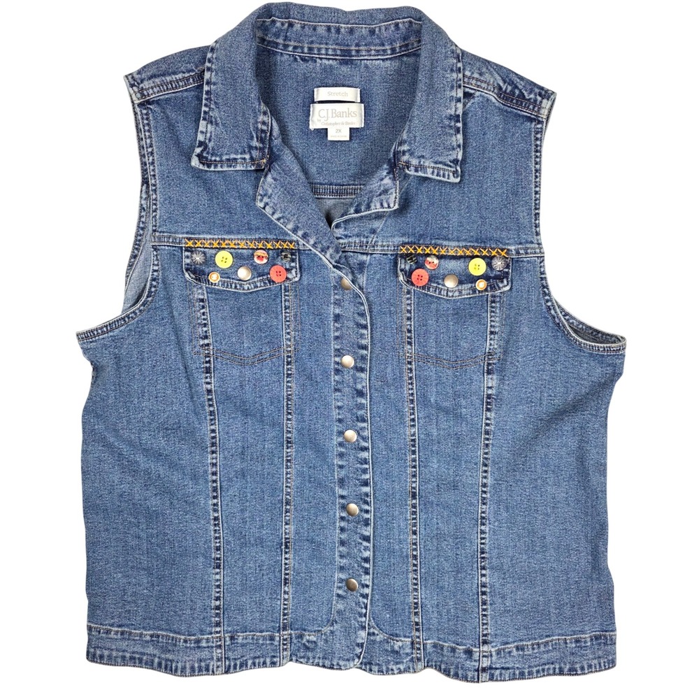 CJ Banks Denim Vest Embellished Snap Closure Women 2X Boho Art Western Eclectic